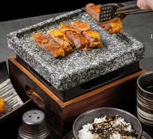 Mini barbacoa Parrilla Mesa BBQ Groove Rock Hornear Pan Teppanyaki Plato de carne Placa de pizarra de alta temperatura RRB12819