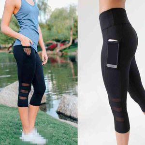 Sommer Mesh Patchwork Fitness Leggings Taschen Design Workout Kalb-Länge Yoga Hosen Sport Gym Pantalones Deportiva Mujer 210514