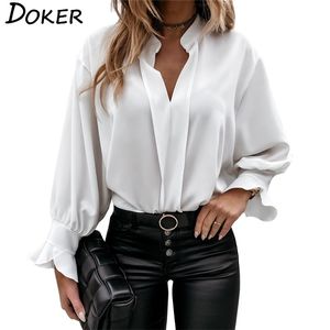 Outono blusa branca feminina moda com decote em v plissado manga longa elegante escritório senhoras camisas plus size casual topos e blusas femme 220217