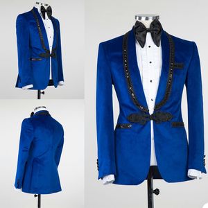 Blå Velvet Mens Passar Black Sequins Groom Wedding Blazer Tuxedos Formell Business Prom Byxor Coat Jacket 2 stycken