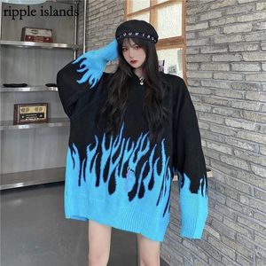 Damenpullover Ripple Islands-Pullover Damen Winter Y2K Pullover High Street Print Flame Hip Hop Oversize Knit E Girl Pulovers