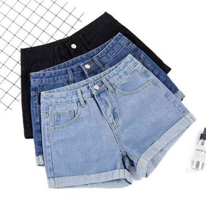 Ailegogo verão mulher larga perna clássico cintura alta preta denim shorts casual fêmea cor sólida branco azul calça jeans solto 210714