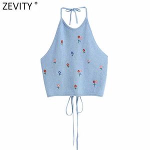 Zevity Mulheres Chic Bordado Floral Bordado Halter Camis Camis Senhoras Ladies Verão Sem Encosto Lace Up Crop Tops LS9417 210603