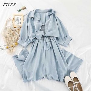 Women Casual Two Pieces Set Clothing Loose Short Sunscreen Jacket + Suspending Rompers Summer Female Holidays Suit 210430