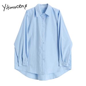 Кнопка Yitimuceng Блузка Женщины Свободные Повседневные Рубашки Отклоненные Воротник Прямой Сплошной Синяя Одежда Весна Мода Топы 210601