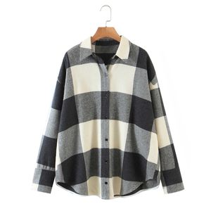 Outono / Inverno moda mulheres camisa xadrez verificado blusa manga comprida solta-montagem encaixe de lã camisas jaqueta para fêmea 210607