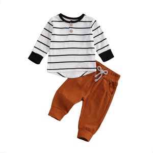 Lioraitiin 0-24 M Yenidoğan Bebek Erkek 2-piece Kıyafet Set Uzun Kollu Çizgili Tops + Katı Pantolon Çocuklar için Set Boys Boys Yaz Kıyafet G1023