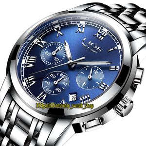 Lige Wieczność 9810 Sport Męskie Zegarki Data Blue Dial Japonia VK Quartz Chronograph Ruch Mężczyźni Zegarek Stalowy Case Srebrna Bransoletka