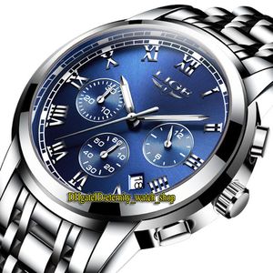 Lige Eternity 9810 Sport Mens Relógios Data Blue Dial Japão VK Quartzo Cronógrafo Movimento Homens Assista Aço Aço Inoxidável Prata Pulseira