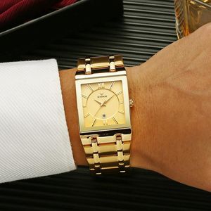 Luxury Gold Men Klockor 2021 Wwoor Top Brand Fashion Square Quartz Watch Rostfritt Stål Vattentäta handled Drop Armbandsur