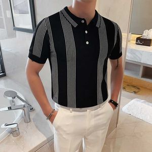 British Style Striped Polo Shirt Men Sommar Kortärmad Stickad Pikétröja Högkvalitativ Business Casual Slim Fit Shirts 210527