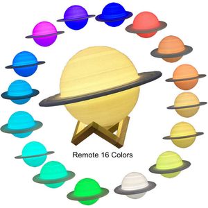 New Rechargeable 3D Print Saturn Lamp Like Moon Lamp Night Light For Moon Light With 3Colors 16Colors Remote Decor Creative Gift Y0910