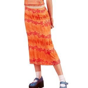 Moda Yaz Kadın Boho Plaj Rahat Tarzı Etekler Kadın Yüksek Bel Çiçek Baskı Turuncu Midi Etek Parti Tatil Giyim 210712