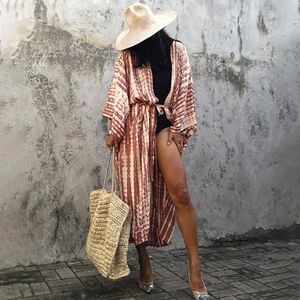 Kadın mayo boho çizgili kravat boya bikini örtbaslar seksi tunikler uzun kimono pareo cüp