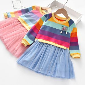 Autumn Spring Casual Long Sleeve Rainbow Baby Girls Dress Striped Pattern Patchwork Mesh Dress Kids Baby Infant Toddler Dresses Q0716