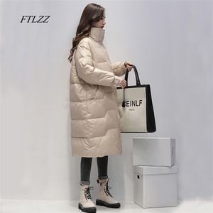 Ftlzz Winter Stand Collar Solid Long Down Jacket Kobiety 90% White Duck Coat Yellow Parka Blue Grube Ciepłe Śnieg Odzieży 1011008