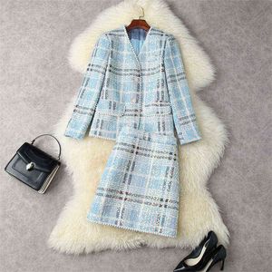 Мода осень зимние женщины шерстяное платье набор с длинным рукавом бисером Tweed Wake пальто и юбка 2 шт.