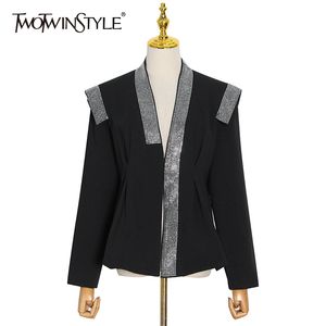 TwotwinStyleカジュアルパッチワークダイヤモンドブレザーのためのダイヤモンドブレザーのための長袖チュニックブラックブレザー女性ファッション服210517