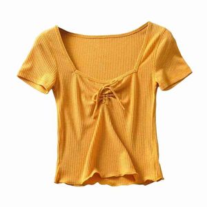 Verão Preto Camiseta Mulheres Tshirt Top Crop Top bonito sexy amarelo amarelo camisas de manga curta kawaii roupas coreanas streetwear 210521