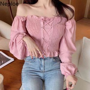 Neploe Curto Chiffon Camisa Slash Neck Sexy Blusa Sem Altaúdas Outono Manga Longa Mulheres Blusa Cross Lace Up Tops 54061 sh190914