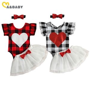 0-24M Cute born Baby Girls Valentines Day Outfits Ruffles Heart Plaid Romper Bow Tutu Tulle Skirts Headband Costumes 210515