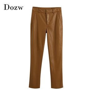 Vintage Pu faux couro marrom calças mulheres altas cintura moda longo zíper voar senhoras lápis calças pantalones 210515