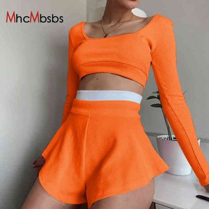 Women Sexy High Street Outfits Square Collar Long Sleeve Top Shorts Skirts Ribbed 2 Piece Set Casual Pink Soft Stretch Tracksuit 210517