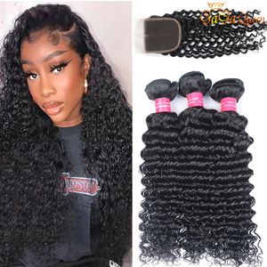 Peruvian Deep Wave Hair Bundles With 4x4 Lace Closure Brazilian Deep Wave Human Hair Weave Bundles Lace Clsoure