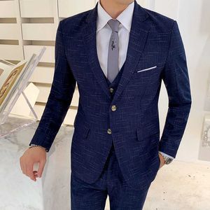 Three-piece Men Formal Business Groom Suit Sets for Men's Fashion Boutique Plaid Wedding Dress Suit ( Jacket + Vest + Pants ) X0909