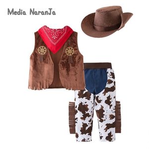 Baby Boys Menina Unsiex Cowboy Traje Children Performance Holiday Event Clothes Hat + Lenço + Colete + Calças 210326