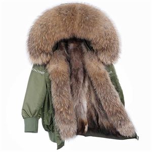 Maomaokong Natural Real Fur Collar Women Coat Raccoon Fur Liner Jacka Vinter Mode Varmlös Vattentät Broderi Parka 211220