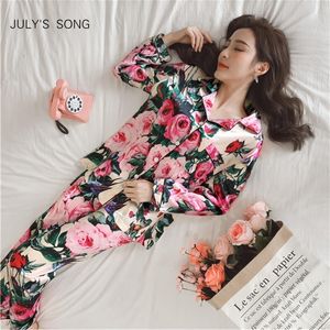 JULY'S SONG Women Faux Silk Sleepwear Pigiama in raso Set Flower Print Maniche lunghe 2 pezzi Autunno Inverno Pigiama Homewear 210320