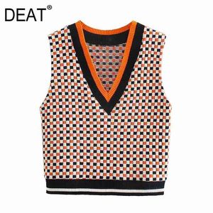 [DEAT] Donna Senza maniche Vintage Scollo a V Jacquard Maglia Elasticità Allentato Casual Maglione Gilet Primavera Autunno 13C347 210527