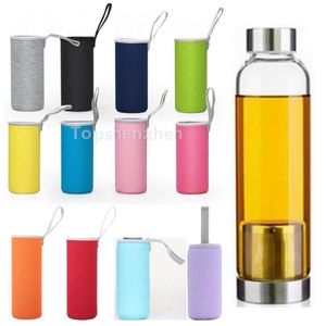 Tazze riutilizzabili Bottiglia d'acqua in vetro da 14 oz 18 oz BPA Bottiglie per bevande sportive resistenti alle alte temperature resistenti alle alte temperature con infusore per filtro da tè Custodia in neoprene