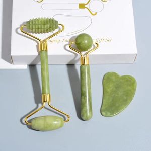 3Pcs Set Natural Jade Sawooth Face Roller Gua Sha Tool Sets Facial Care Massage Neck Beauty Health Anti Wrinkle Cellulite Skin Detox Massager