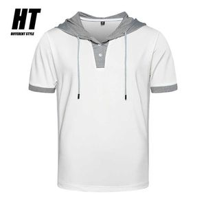 Men's Short-sleeved Hooded T-shirt Brand Summer Gyms Fitness Hooded Tees Patchwork Sweatshirt Male Casual Slim Tshirts 210603