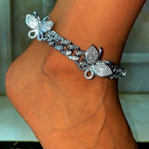 Boho mångfärgad kristall fjäril anklets för kvinnor glänsande rhinestone kubansk länk kedja anklets armband 2021 sandaler fot smycken