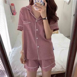 Fashion Femme Chic Women Loose Sleepwear Casual Cotton Plaid All Match Girls Geometric Pajamas Sets 210525