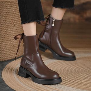Thick Heel Black Ankle Boots Women Autumn Lace Up Round Head Short Brown Flats