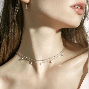 925 Sterling Silver Double Round Bead Necklace Female Tassel Clavicle Chain Simple Temperament Choker Banquet Party Jewelry Gift