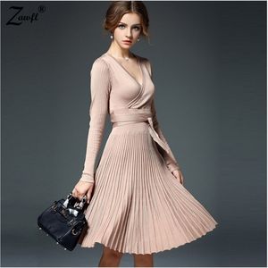 高品質のEstファッション女性の長袖Vネックの短い編み物膝丈カジュアルドレス210603