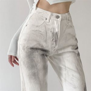 Kvinnors jeans sommar hajuku slips färgämne utskrift lösa mode breda ben långa byxor rakt baggy denim byxa streetwear 210922