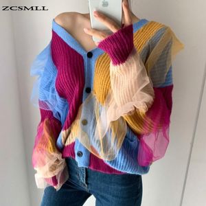 Swetry damskie ZCCSNMLL Koreańska jesień i zima V Neck Geometryczne Kontrast Mesh Mesh Design Loose Long Sleeved Cardigan Sweat