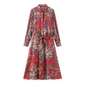 BLSQR Elegante risvolto Paisley Print Dress Retro Red Belt Design Holiday Autumn Women Chic Party 210430