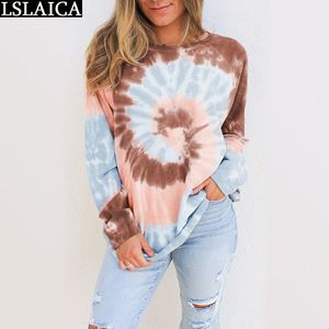 Mode Casual Sweatshirt O-Neck Långärmad Kvinnor SweetShirts Tie-Dye Lösa Toppar Höst Vinter Las Mujeres 210520