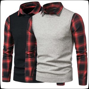 Nowy męski sweter męski swetry jesień zima britain koszula kołnierz casual woolen swetry mężczyźni fałszywe dwa kawałki odzież y0907