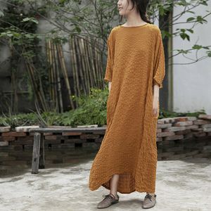 Johnature Women Bat Sleeve Summer Dresses Yellow Loose Robes O-Neck Female Vintage Soft Cotton Dresses 210521