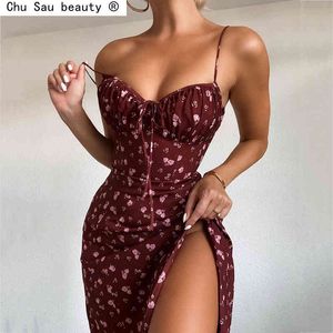 Vinho Floral Dress Mulheres Prairie Chic Spaghetti Correias Backless Peito Drapejado Lace Up Split Split Sexy Long 210514