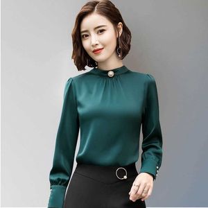 Imitation Silk Women Spring Autumn Casual Blouses Shirts Lady Long Sleeve Solid Color O-Neck Blusas Tops DF2266 210609