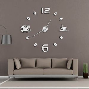 DIY Stor FrameLess Giant Clock Modern Design Cafe Mugg Kaffe Bean Decor Kitchen Wall Watch 210325